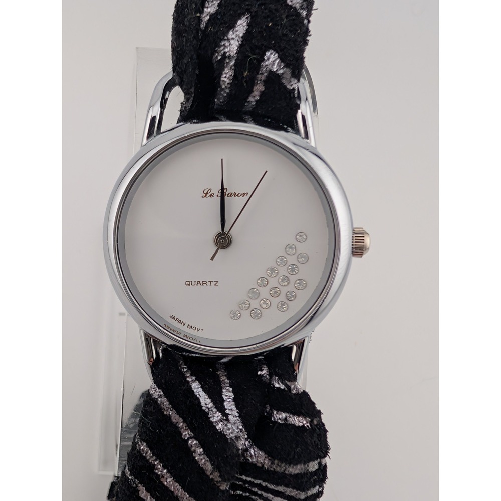 Vintage Le Baron Watch Women 29mm Silver Case Black Leather Fabric Band- Working